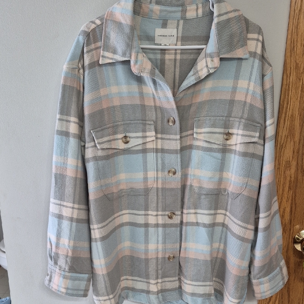 American Eagle Blue and Gray Plaid Shacket